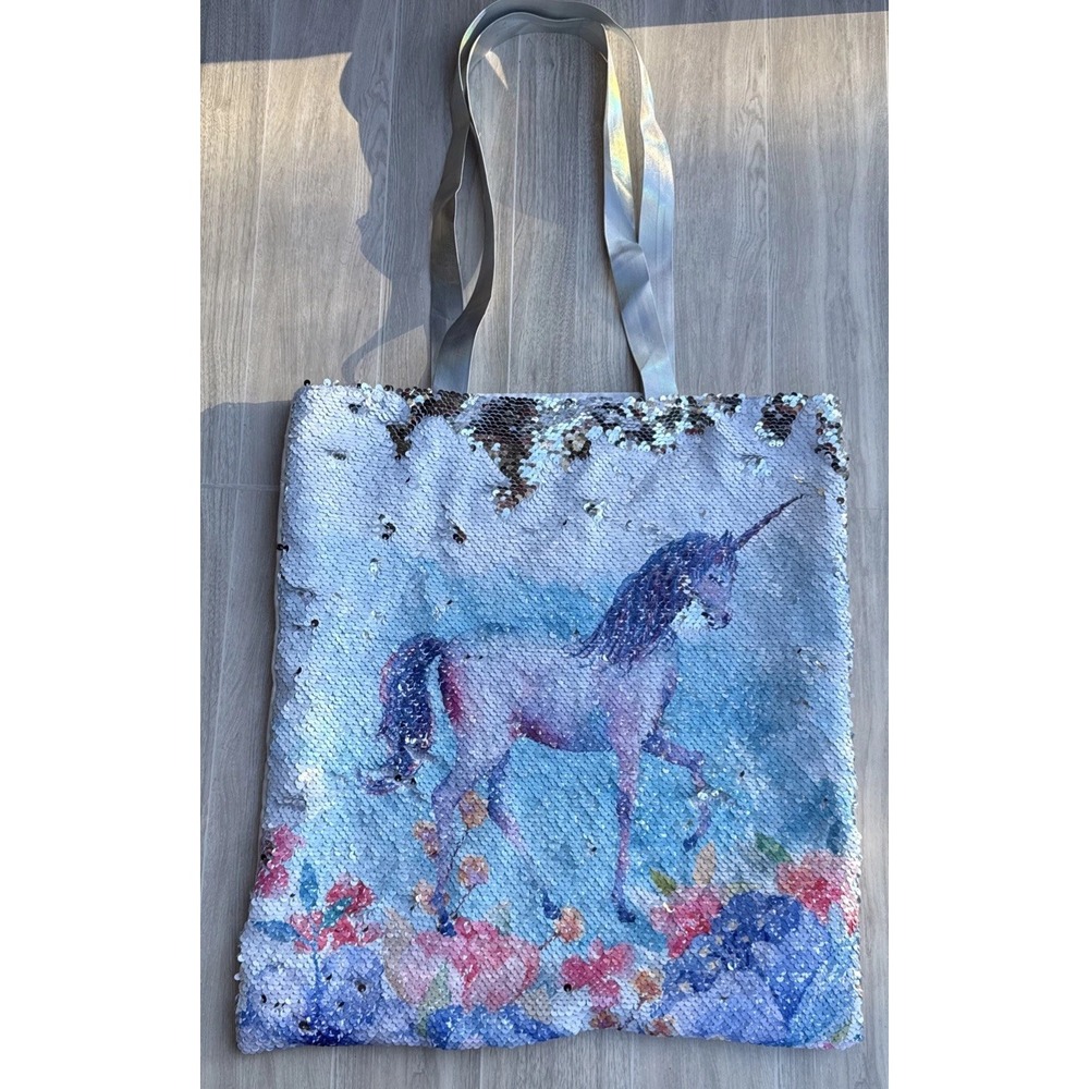 Unicorn Magic Sequin Tote‎ Bag 16 x 15" White Back, Silk Lining